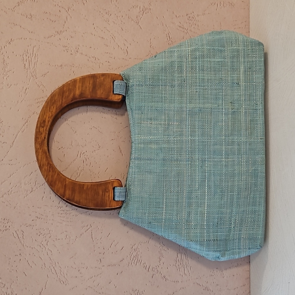 Vintage MOP accents wood handle bag purse 60s style material retro EUC - Picture 2 of 10